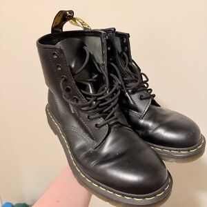 Dr. Martens - Black Lace-Up Combat Boots with Yellow Stitching
